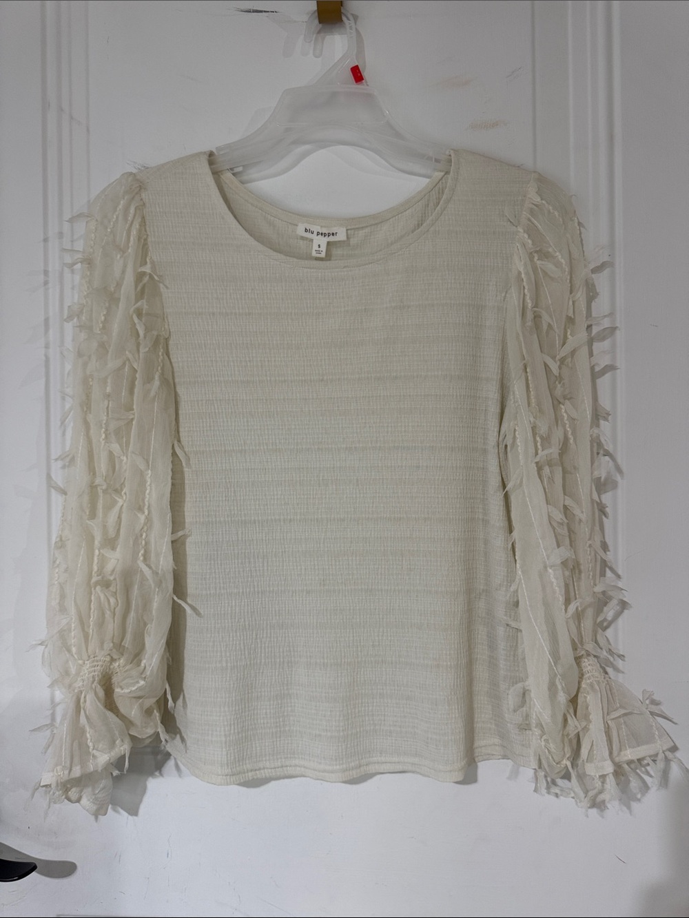 Blu Pepper Cream Textured light weight Top with Fringe Detail Sleeves